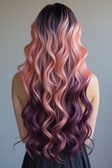 Naklejka premium Long wavy hair featuring a gradient ombre from coral to plum