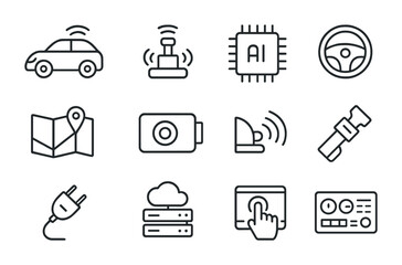Autonomous Vehicle Icon Set. Outline icon set of autonomous vehicles: self-driving car, lidar sensor, AI chip,