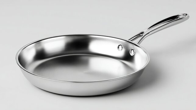 Sleek, stainless steel frying pan with a long handle on a light, neutral surface