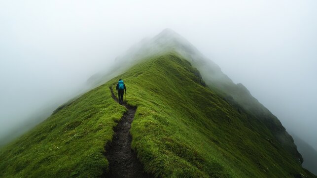 Hiking adventure on a misty mountain ridge scenic landscape nature photography serene environment elevated viewpoint outdoor exploration - Powered by Adobe
