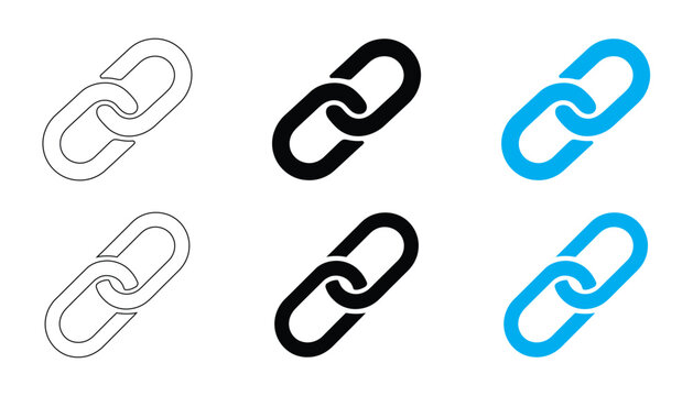Three sets of chain link icons in different styles isolated on white background