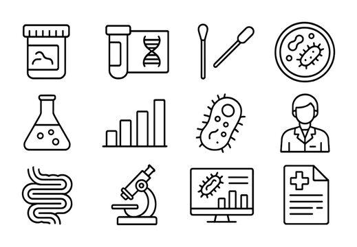 Microbiome Testing Icons. Outline icon set of microbiome testing: stool sample jar, DNA test kit, cotton swab,