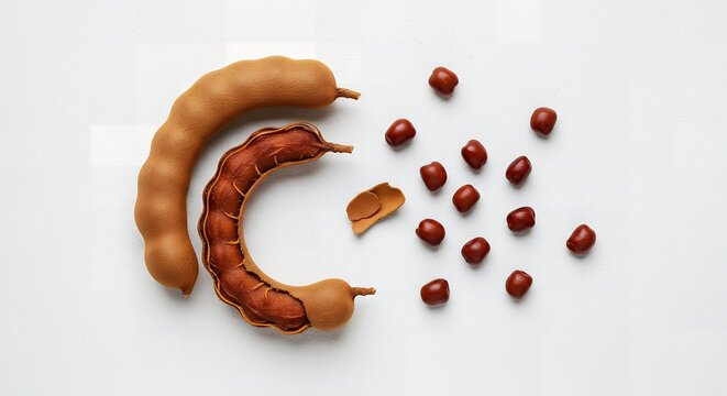 Tamarind Pods and Seeds on White Background