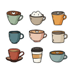 Set of cute hand-drawn coffee cups, tea mugs isolated on white background. Latte art, cappuccino, espresso, takeaway coffee. Cafe menu design, coffee shop branding. Vector hot drink icon illustrations