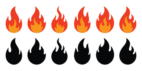 Set of six cartoon flames and six flame silhouettes isolated on white background