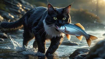 Large black-and-white cat with sleek fur and bright eyes emerges from a misty river, carrying a striped silver fish, paws wet, fur glistening, exuding triumph on the rocky riverbank.