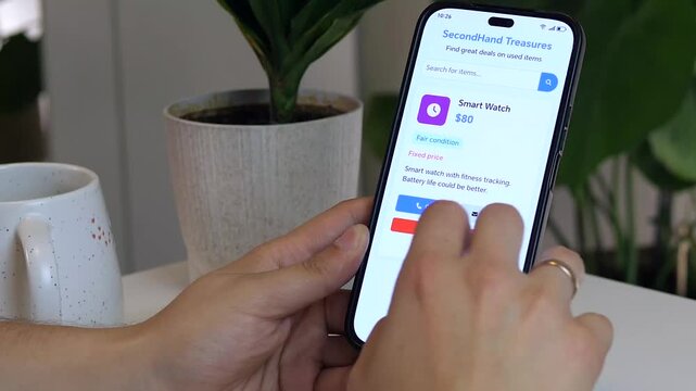 Hands interact with a marketplace app, weighing the pros and cons of a used tech purchase. Ideal for videos about smart shopping, circular economy, and value-driven buying decisions.