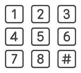 Numeric Keypad Icons. Outline icon set of numeric keypad buttons: 0, 1, 2, 3, 4, 5, 6, 7, 8, 9, star, hash.