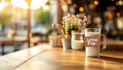 Lactose-free milk in a glass mug sits on a cafe table, bathed in sunlight, with a wooden 'Lactose Free' sign