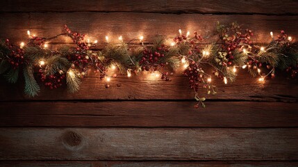 Christmas lights garland on rustic wood