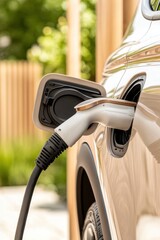 Electric vehicle charging point detail. Close view automobile plugged in at charger. Modern vehicle refills battery power. Ecology and mobility concept.