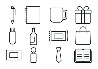 Corporate Gift Icons. Outline icon set of corporate gift baskets: pen, notebook, coffee mug, chocolate box,