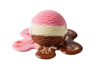 Single scoop Neapolitan ice cream, strawberry, vanilla, chocolate layers, melting into blending puddles on transparent background, studio lighting, close-up macro, food photography concept