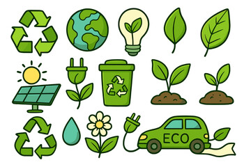 Set of green energy and sustainability icons. Eco friendly concept with recycling symbol, earth, solar panel, electric car. Vector cartoon illustration for ecology awareness.