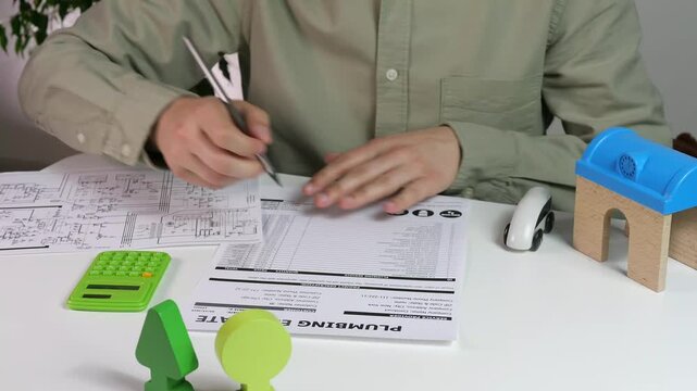 A professional's hands use a calculator to meticulously work out construction costs against a project schematic. This video is essential for content about project management, budgeting, architecture