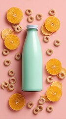 Pastel mint milk bottle, surrounded by orange slices and cereal rings on pink