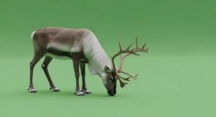 Obraz premium Reindeer Grazing on Green Background