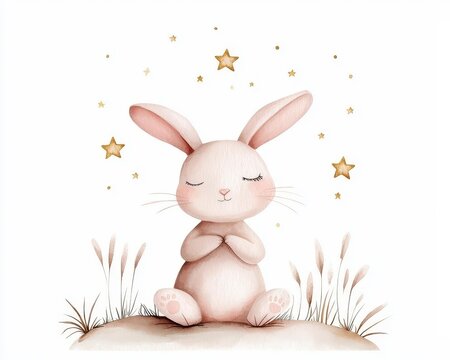 Fototapeta Cute baby rabbit animal dream illustration comet with gold stars in night sky forest bunny illustration for children clothing. Nursery Wallpaper poster Woodland watercolor Hand drawn