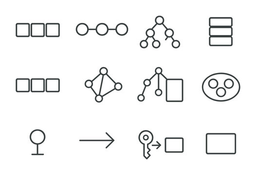 Data Structures Icons. Outline icon set of data structures: array, linked list, binary tree, stack, queue,