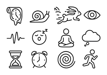 Subjective Time Icons. Outline icon set of subjective time flow: melting clock, slow snail, fast rabbit, eye,