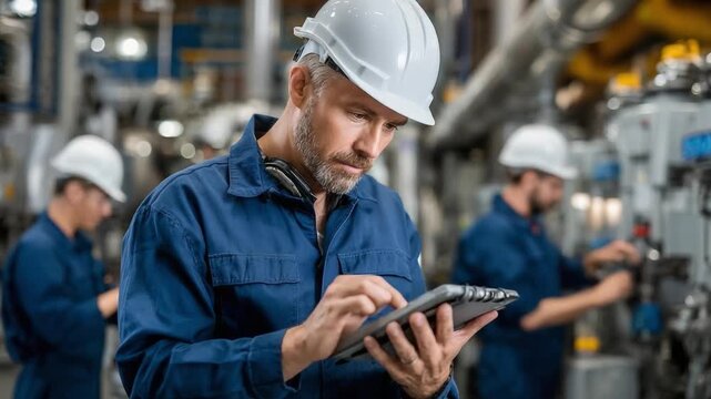 Quality Control in the Factory: An experienced engineer, clad in a protective helmet and work uniform, conducts rigorous quality control inspections within the industrial facility.