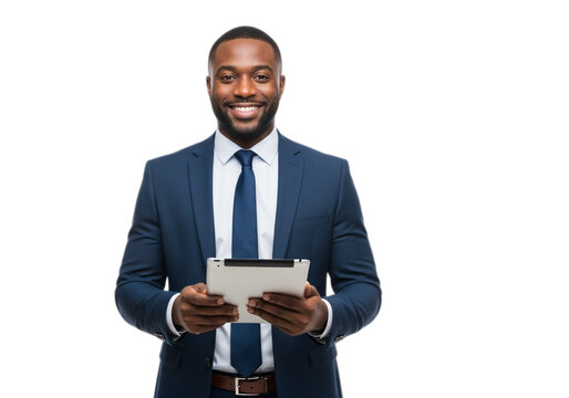 Photo of confident african american businessman holding tablet isolated on transparent background