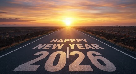 A road stretches towards the sunset with happy new year 2026 written on it