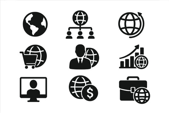 Global business solid icon set. International trade, worldwide network, and e-commerce symbols. Global economy, finance, logistics, and communication vector icons collection.