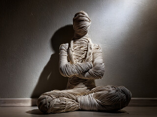 Educational image of wrapped figure promoting emotional intelligence in youth
Minimalist photo of seated figure for teaching self-awareness and healing