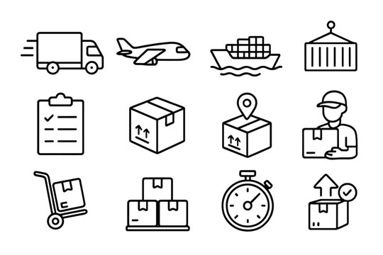 Logistics and shipping line icon set. Transportation and delivery outline icons. Vector symbols for cargo, freight, parcel tracking, courier, e-commerce and supply chain.