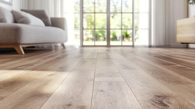 Wooden floor plank in bright living room with sofa and large window, natural light enhancing cozy modern interior, hardwood creating warm inviting atmosphere with stylish furniture
