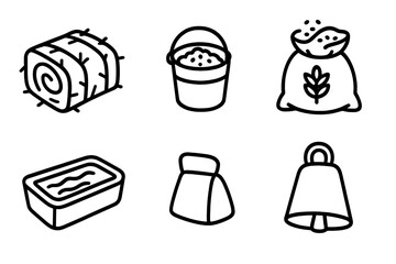 Farm animal feeding line icon set. Vector outline illustration of barnyard equipment. Includes hay bale, feed bucket, grain sack, water trough, salt lick and cowbell.