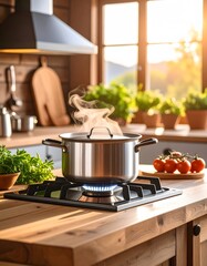 Steaming Pot on Gas Stove with Tomatoes and Herbs in Sunlit Kitchen