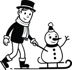 Snowman Father Pushing Child On Sled