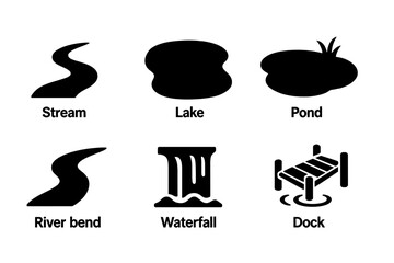 Water features solid glyph icon set. Stream, lake, pond, river bend, waterfall, dock pictogram collection. Nature, landscape, waterbody symbols. Black vector silhouette.