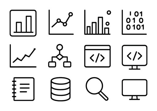 Research Data Icons. Outline icon set of research data analysis: chart, graph, histogram, scatter plot, line