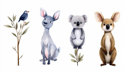 Watercolor australian cartoon kangaroo ostrich Emu koala and flying fox owl Echidna . Australian Black Swan and numbat Kookaburra cockatoo kids illustration. Nursery. Adorable