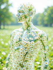 Obraz premium Surreal Art of Transparent Human Outline Filled with White Daisies on Green Grassland