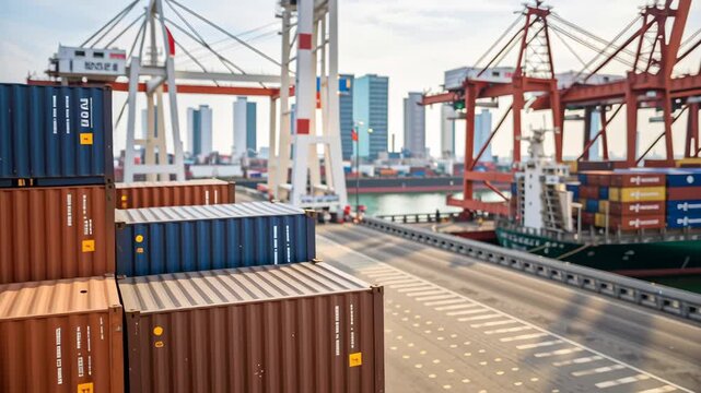 Shipping container import tariff policy impacts global cargo flow with port cranes operating in busy harbor and cargo ship docked