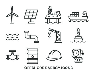 Offshore Energy Icons. Outline icon set of offshore energy: wind turbine, solar panel, oil rig, cargo ship,