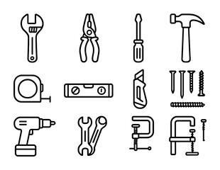Fototapeta premium DIY Tools Icons. Outline icon set of DIY repair tools: adjustable wrench, pliers, screwdriver, hammer, tape
