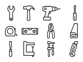 Home Tool Icons. Outline icon set of home improvement tools: wrench, hammer, drill, screwdriver, tape measure,