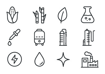 Plant-Based Fuel Icons. Outline icon set of plant-based fuels: corn, sugarcane, leaf, flask, pipette,
