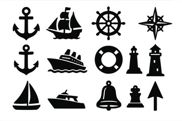 Nautical marine icon set. Sea and ocean travel symbols. Vector silhouette collection with anchor, ship, boat, lighthouse, helm, compass, lifebuoy, bell. Maritime navigation.