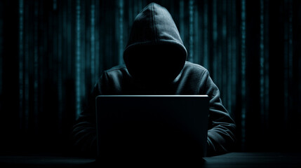 Hacker in Hoodie Operating Laptop in Dark