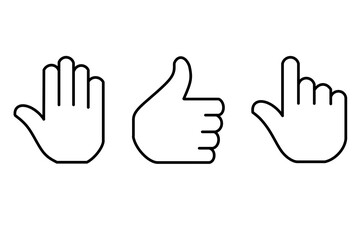 Hand Gestures Icon Set: Open Palm, Thumbs Up, Pointing Finger - Outline Vector Graphics for Communication, Interaction and Approval.