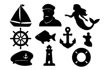 Nautical silhouette icon set. Marine vector collection. Sailor, mermaid, anchor, ship wheel, lighthouse, boat, fish, and lifebuoy symbols. Sea and ocean theme elements.