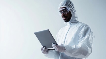 Scientist in protective gear analyzing data laboratory digital interaction clean environment close-up view health and safety protocols