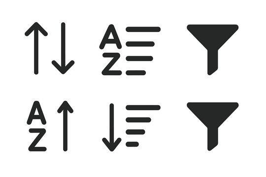 Vector set of sorting and filtering icons with arrows, alphabetical order, ascending descending order, funnel filter symbols, black design collection, transparent background