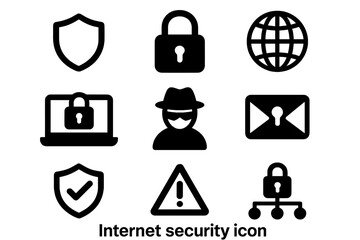 Internet security solid icon set. Cybersecurity glyph symbols for data privacy, web protection, and network safety. Includes hacker, shield, lock, and virus alert vectors.
